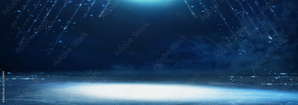 abstract dark concentrate floor scene with mist or fog, spotlight for display. banner - obrazy, fototapety, plakaty 
