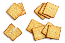 Set Of Delicious Square Crackers, Isolated On White Background