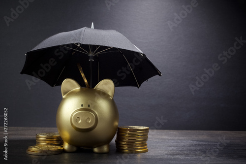 Cuadros en Lienzo Gold Piggy bank with umbrella concept for finance insurance, protection, safe in