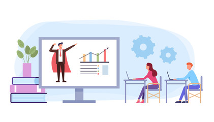Wall Mural - Students office workers character listening online presentation. Success business internet web tutorial concept. Vector flat graphic design cartoon illustration