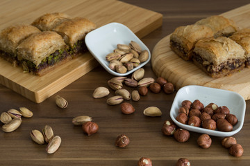 Wall Mural - Turkish style vegan baklava or Antep baklava with nut,date fruit, pistachio for presentation and service and food photography. 