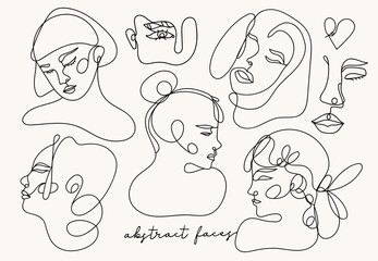 Modern abstract faces. Contemporary female silhouettes. Hand drawn outline trendy illustration. Continuous line, minimalistic concept. Vector set. All elements are isolated