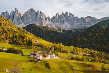 Val di Funes in the Dolomites at sunset, South Tyrol. Italy