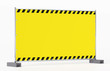 Baustelle - Absperrung - Mobilzaun - Bauzaun - Einzelnes Bauzaunfeld schräg - mit Banner Plane Bauzaunbanner gelb und Warnmarkierung