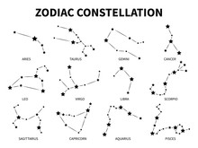 Zodiac Constellation. Aries Taurus Gemini Cancer Leo Virgo Libra Scorpio Pisces Zodiacal, Mystic Astrology Vector Isolated Black Signs