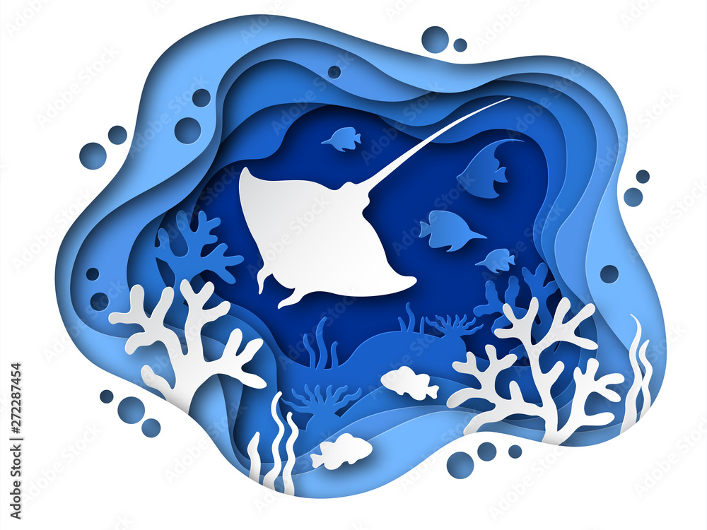 Underwater paper cut. Ocean bottom with sea animals, corals and fish ...
