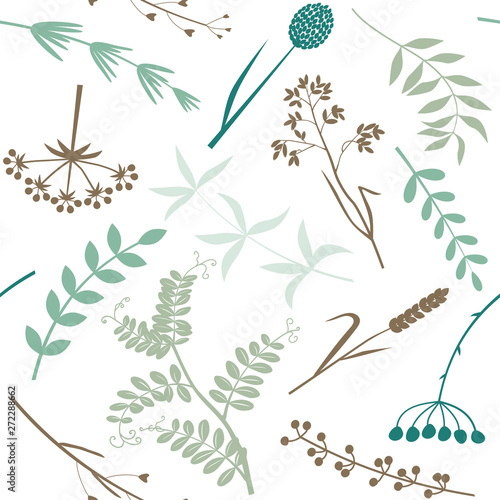 Seamless pattern from multi-colored leaves, twigs. Garden and field grass.