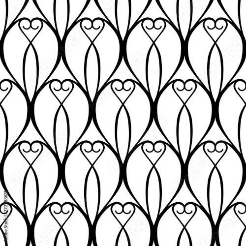 Seamless pattern. Ornament of curls, fantasy hearts.
