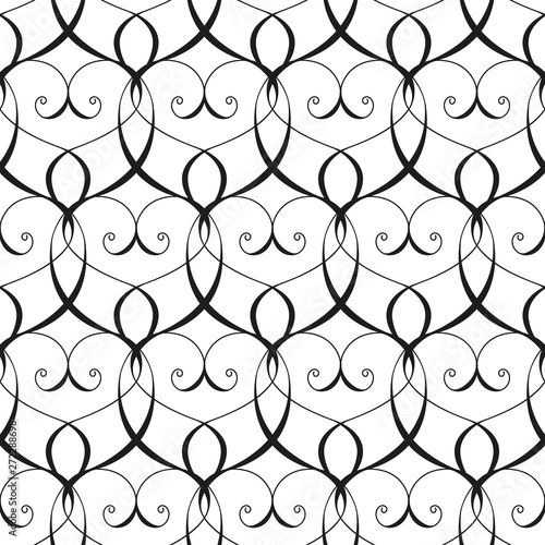 Seamless pattern. Ornament of curls, fantasy hearts.