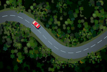Top View Of A Forest Road With Car. Rural Highway, Beautiful Landscape. Holidays Travel Vector Cartoon Illustration.