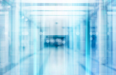 abstract defocused blurred technology space background, empty business corridor or shopping mall. Medical and hospital corridor defocused background with modern laboratory (clinic)