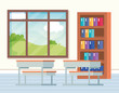 © Gstudio - classroom with books inside bookcase and window with desks