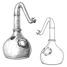 Whiskey Making Process From Grain To Bottle. A Swan Necked Copper Stills. Black And White Ink Style Drawing Isolated On White Background. EPS10 Vector Illustration.
