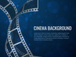 Film strip roll poster. Movie production with realistic blank negative film frames and text. Vector cinema background