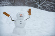 Snowman in a scarf and hat. Greeting snowman. Cute snowmen standing in winter Christmas landscape. The morning before Christmas. Happy winter time. Cute little snowman outdoor.