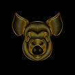 Engraving of stylized golden pig portrait on black background. Line art. Stencil art