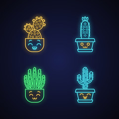 Wall Mural - Cactuses cute kawaii neon light characters