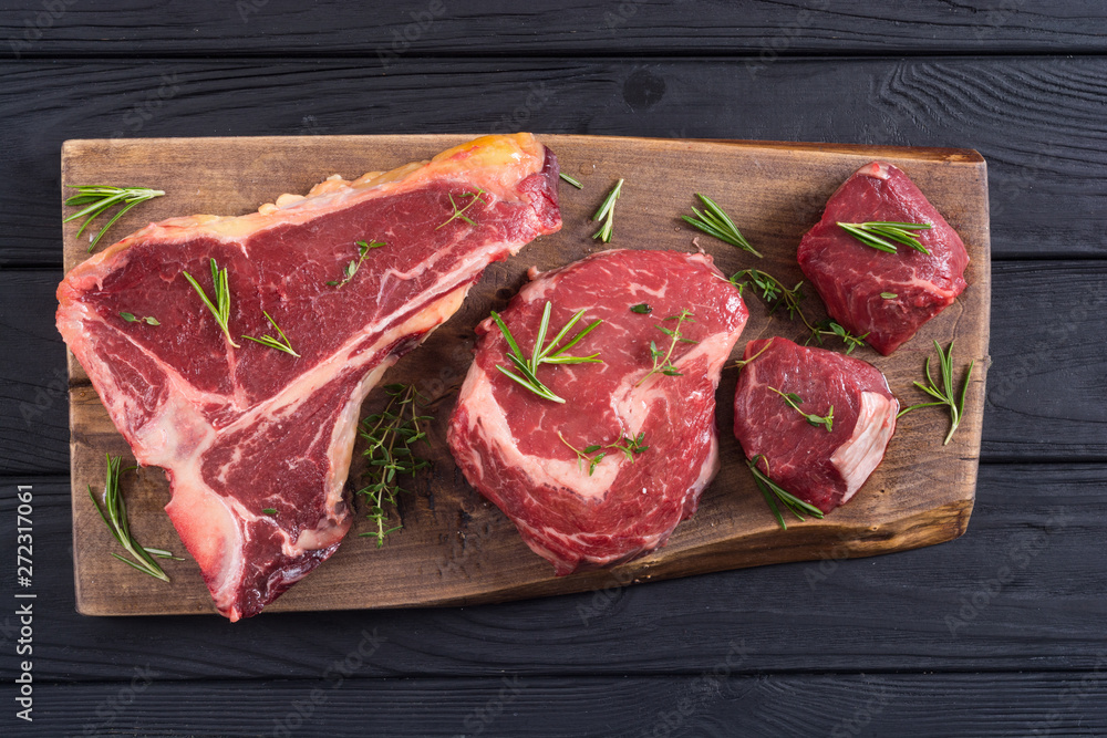 Variety of raw beef meat steak - obrazy, fototapety, plakaty 