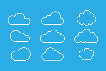 Wall Mural - set of clouds isolated on blue background. weather signs. white paper stickers. collection of clouds