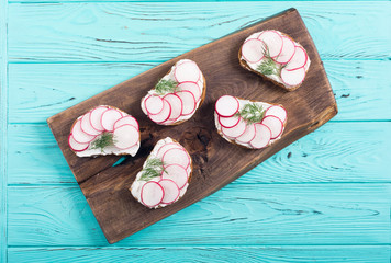 Wall Mural - Healthy vegetable toasts sandwith with radish and dill