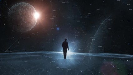 artistic futuristic walks of a man in abstract 3d universe with planets and stars.
