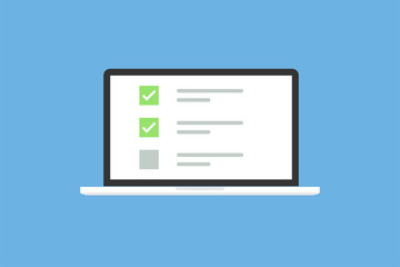 laptop in trendy flat style with checkbox screen. list with checkbox and marks. notebook on blue bac