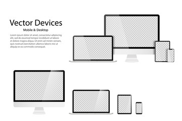 Wall Mural - High detailed realistic set of divices Monitor laptop tablet and phone. Transparent mock up screens. Responsive design template for web or application.