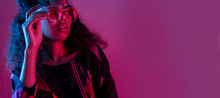 Fashion Young African Girl Black Woman Wear Stylish Pink Sunglasses Glasses Looking At Camera Isolated On Party Purple Studio Background, Horizontal Banner For Website Design, Portrait, Copy Space