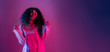 © insta_photos - Fashion young african girl black woman wear stylish pink glasses clothes looking at camera isolated on party purple studio background, horizontal banner for website design, portrait, copy space