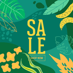 Wall Mural - Summer Sale poster with tropic leaves and flowers, advertisement banner and tropical background in modern flat style, flash spring special offer, poster vacation ad, flyer. Vector illustration