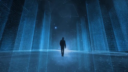 Wall Mural - Businessman walks alone in artistic computer cyberspace network.