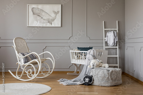 Grey Whale On Poster In Stylish Baby Room Interior With White