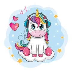 Cartoon funny unicorn with headphones on cloud. Cute little pony on white background.  Wonderland. Fabulous animal. Isolated children`s illustration for sticker, print. Postcard for friends, family. 