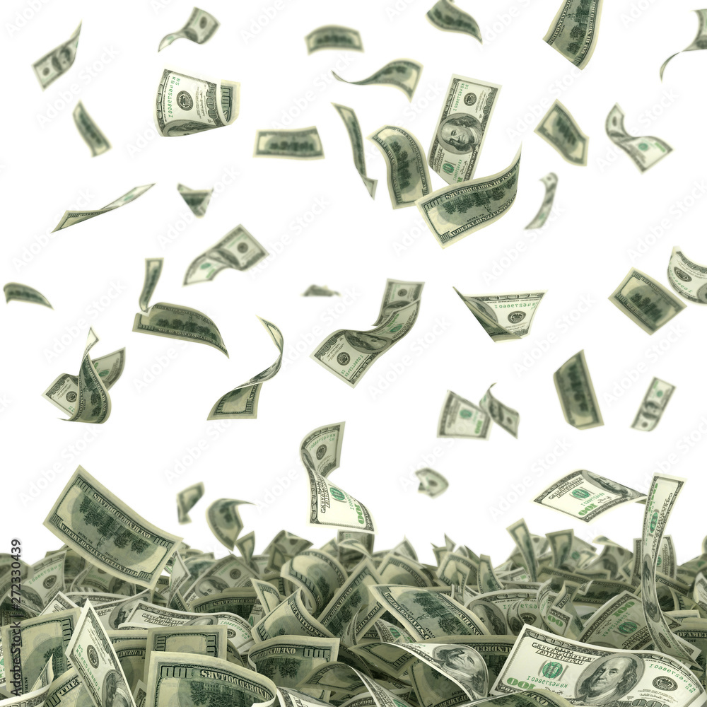 dollars bills falling on heap of money 3d illustration - obrazy, fototapety, plakaty 