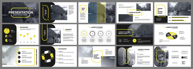 Wall Mural - presentation template, yellow and black infographic elements. vector slide template for business pro