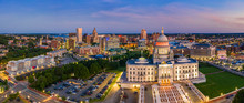 Aerial Panorama Of Providence Skyline And Rhode Island Capitol Building At Dusk. Providence Is The Capital City Of The U.S. State Of Rhode Island. Founded In 1636 Is One Of The Oldest Cities In USA.