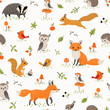 Seamless pattern of cute forest animals, mushrooms, berries and leaves for children's design.