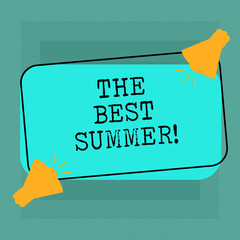 Conceptual hand writing showing The Best Summer. Business photo text Great sunny season of the year exciting vacation time Two Megaphone with Sound icon on Color Outlined Rectangular Shape