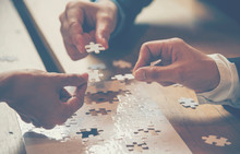 Implement Improve Puzzle Solve Connections Together With Synergy Strategy Team Building Organizing Connection By Trust Communication. Hands Of Stakeholders Business Trust Team Holding Jigsaw Puzzle