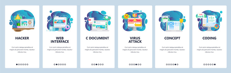 Mobile app onboarding screens. Web and software development. Cyber security, coding, virus attack. Menu vector banner template for website and mobile development. Web site design flat illustration