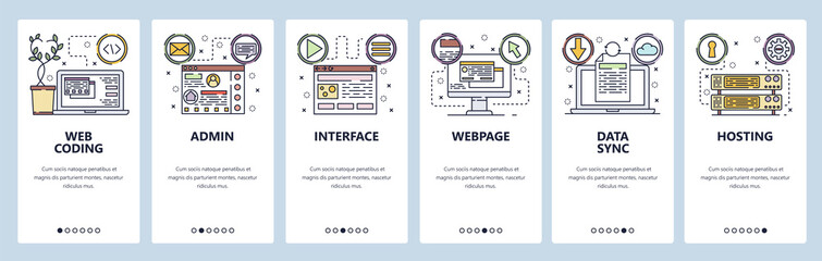 Mobile app onboarding screens. Coding, software development, data sync and cloud technology, hosting. Menu vector banner template for website and mobile development. Web site design flat illustration