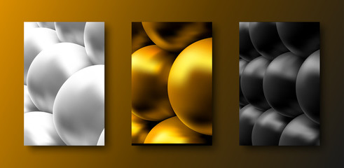 Wall Mural - Creative abstract templates with white, golden and black glossy 3d balls.
