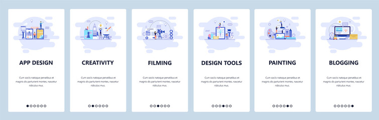 Mobile app onboarding screens. Creativity, filming, design tools, painting, blogging. Menu vector banner template for website and mobile development. Web site design flat illustration
