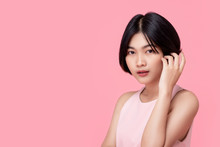 Young Short Hair Asian Woman Model Wearing Pink Sleeveless Blouse