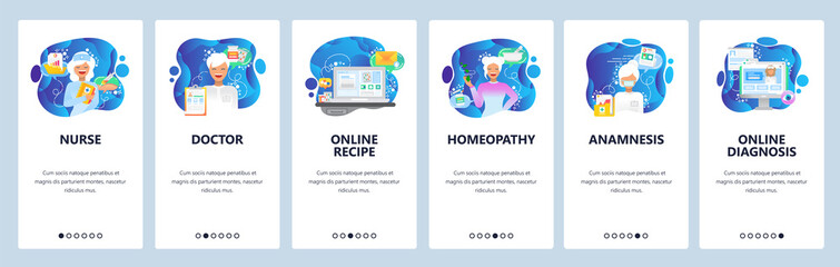 Mobile app onboarding screens. Health icons, nurse, doctor, homeopathy and online medical consulting. Vector banner template for website and mobile development. Web site design flat illustration