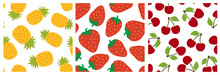Fruit Seamless Pattern Set. Pineapple, Strawberry And Cherry. Fashion Design. Food Print For Clothes, Linens Or Curtain. Hand Drawn Vector Sketch. Exotic Background Collection