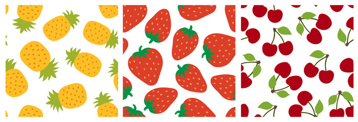 Wall Mural - Fruit seamless pattern set. Pineapple, strawberry and cherry. Fashion design. Food print for clothes, linens or curtain. Hand drawn vector sketch. Exotic background collection