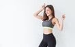 © paulaphoto - Portrait of healthy asian woman body curve with sport wear copy space on white background. People beauty perfect body slim fit fitness girl happy and relaxing. Freedom lifestyle concept