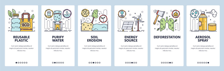 Wall Mural - mobile app onboarding screens. soil erosion, forest protection, energy sources, plastic recycle. men