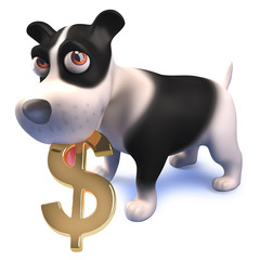Wall Mural - Funny cartoon 3d puppy dog character holding a US dollar currency symbol